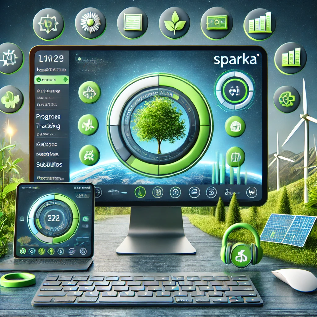 DALL·E 2024-10-03 11.54.17 - A modern LMS platform interface concept for SPARKA, showcasing seamless accessibility and eco-friendly design. The screen displays a vibrant dashboard