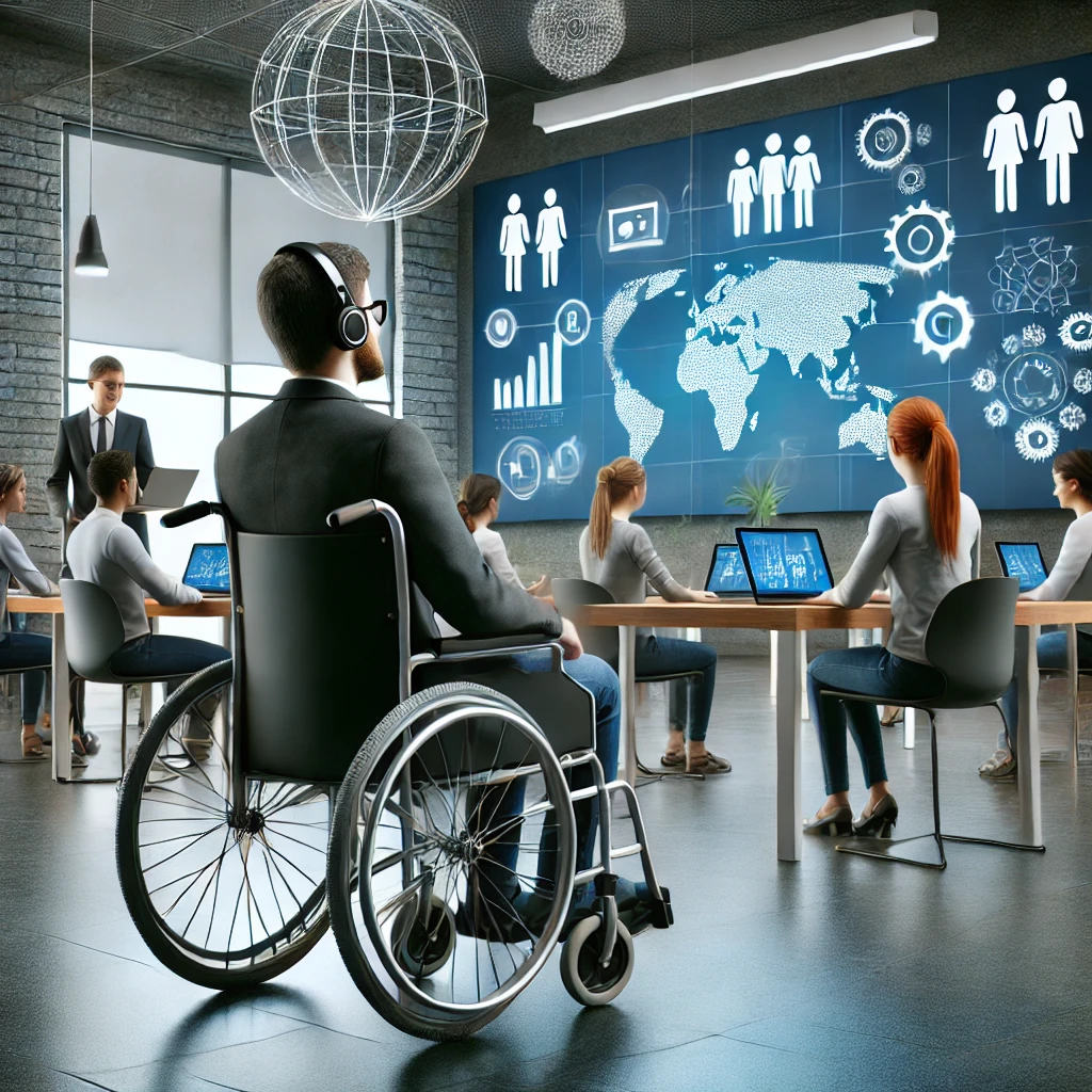 SPARKA- A modern training environment showing a person in a wheelchair interacting with peers and technology in an inclusive classroom setting, highlighting a